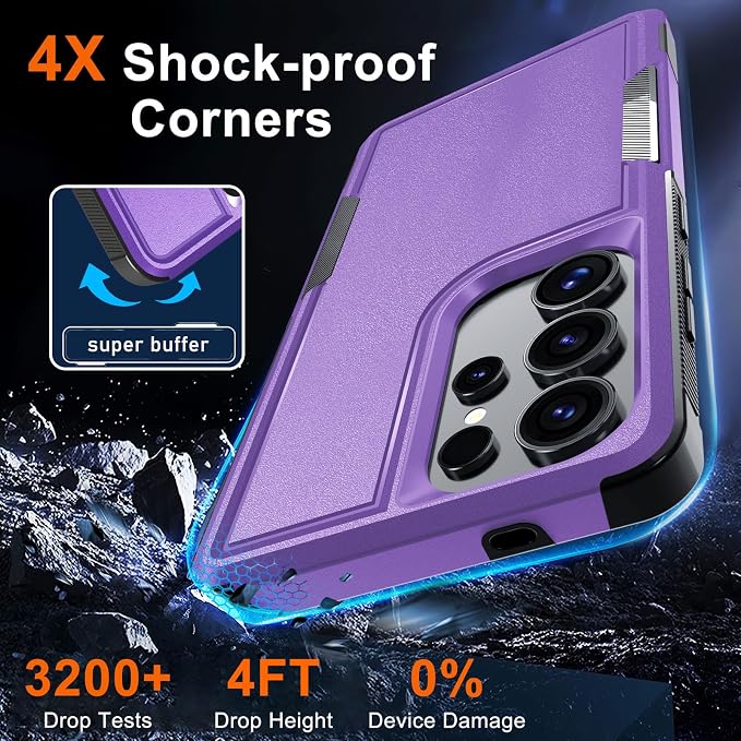 RMOCR Case for Samsung Galaxy S25 Ultra, Full Body Heavy Duty Rugged Shockproof Protective Phone Cover with Lanyard Strap, Tempered Glass Screen Protector and Camera Lens Cover, Lavender