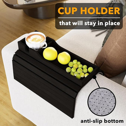SpaceAid Bamboo Couch Cup Holder, Anti Falling Foldable Sofa Armrest Tray with Cup Holder, Couch Arm Side Table Organizer for Drink Cup Remote Snacks (Black)