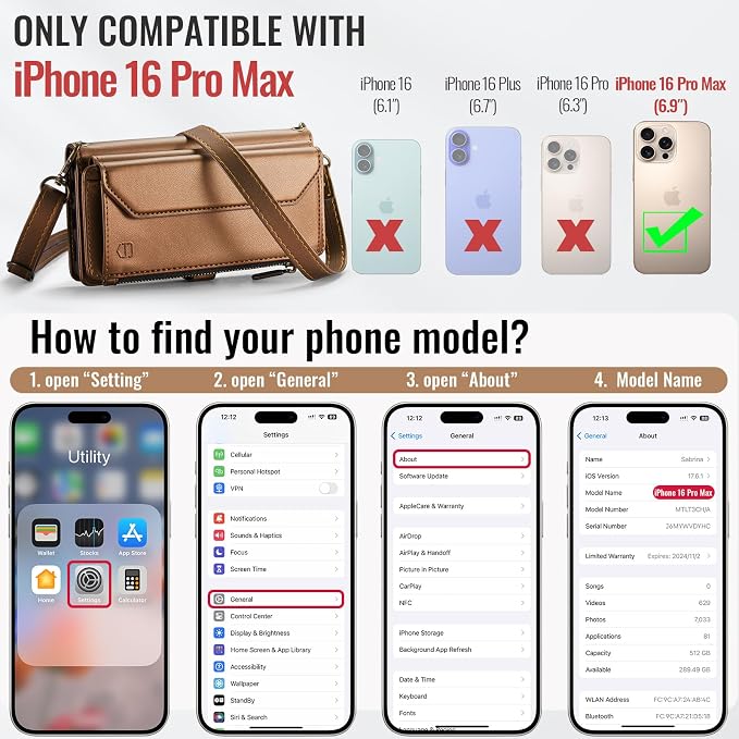 Strapurs Wallet Case Compatible with iPhone 16 Pro Max 6.9" RFID Blocking 10-Card Holder Soft PU Leather Magnetic Snap Shoulder Strap Zipper Pocket Phone Case Fit for iPhone 16 Pro Max - Brown
