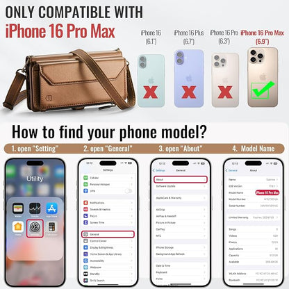 Strapurs Wallet Case Compatible with iPhone 16 Pro Max 6.9" RFID Blocking 10-Card Holder Soft PU Leather Magnetic Snap Shoulder Strap Zipper Pocket Phone Case Fit for iPhone 16 Pro Max - Brown
