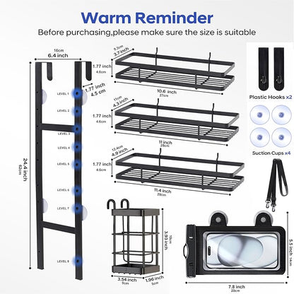 Over the Door Shower Caddy Hanging, Rustproof Shower Shelves with Waterproof Phone Pouch, 3-Tier Adjustable Bathroom Organizers and Storage, No Drilling Shower Shelf, Black Shampoo Soap Holder