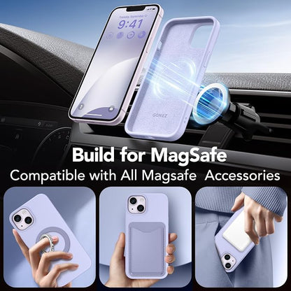 GONEZ Magnetic for iPhone 14 Case, Compatible with Magsafe, with Screen Protector + Camera Protector, Anti-Scratch Microfiber Lining, Liquid Silicone Shockproof Protective Phone Case, Lilac