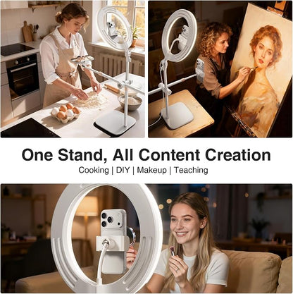 Overhead-Phone-Mount,Stable Overhead-Camera-Mount-Stand [Anti-Shaking] with 10.5" Ring Light, Flexible Desk-Stand for iPhone with Ring-Light for Video-Recording,Zoom Meeting,YouTube,TikTok, White