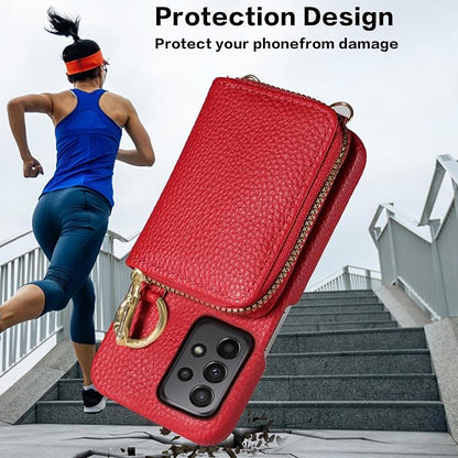 Wallet Case for Samsung Galaxy A33 5G with Shoulder Strap Ring Buckle, Luxury PU Leather Zipper Flip Organ Purse Credit Card Holder Stand Full Body Cell Phone Cover for A 33 33A Women Men Red