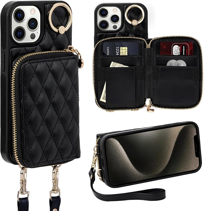 Keallce Case for iPhone 12 Pro/iPhone 12 6.1'' Wallet Case, Crossbody Zipper Purse Handbag Wristlet for Women, RFID Blocking Card Holders, Ring Kickstand Flip Leather Cover for iPhone 12/12 Pro, Black