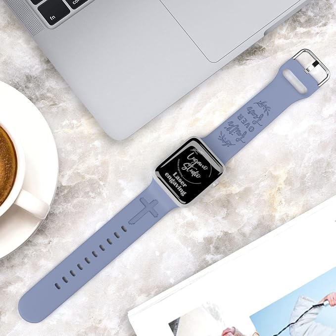 Faith Over Fear Watch Band Compatible with Apple Watch Laser Engraved iWatch Band Silicone 38mm 40mm 41mm 42mm 44mm 45mm 49mm Strap Jesus Psalm Christian God (44/45/49mm S/M, Lavender Grey)
