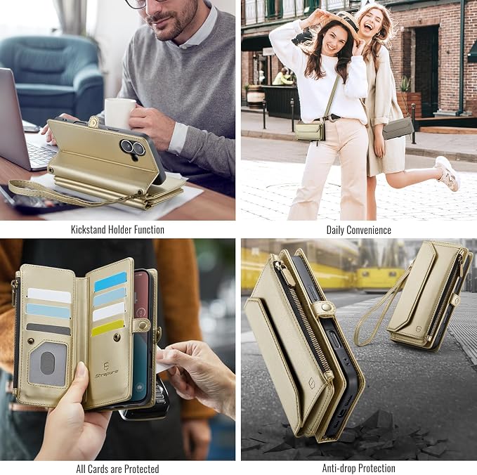 Strapurs Wallet Case Compatible with iPhone 16 Plus 6.7" RFID Blocking 10-Card Holder Soft PU Leather Magnetic Snap Shoulder Strap Zipper Pocket Phone Case Fit for iPhone 16 Plus - Gold