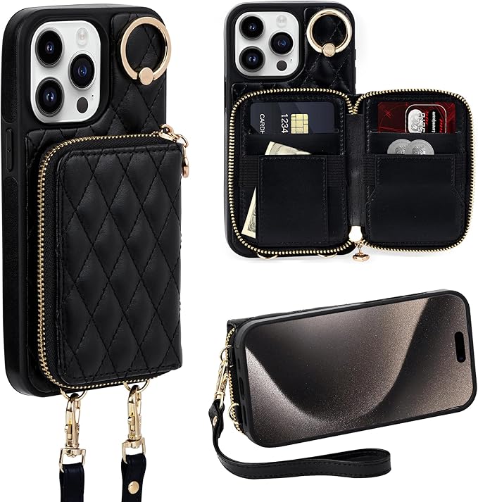 Keallce Case for iPhone 15 Pro Max 6.7'' Wallet Case, Crossbody Zipper Purse Handbag Wristlet for Women, RFID Blocking Card Holders, 360° Ring Kickstand Flip Leather Cover for iPhone 15 Pro Max, Black