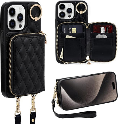 Keallce Case for iPhone 15 Pro Max 6.7'' Wallet Case, Crossbody Zipper Purse Handbag Wristlet for Women, RFID Blocking Card Holders, 360° Ring Kickstand Flip Leather Cover for iPhone 15 Pro Max, Black