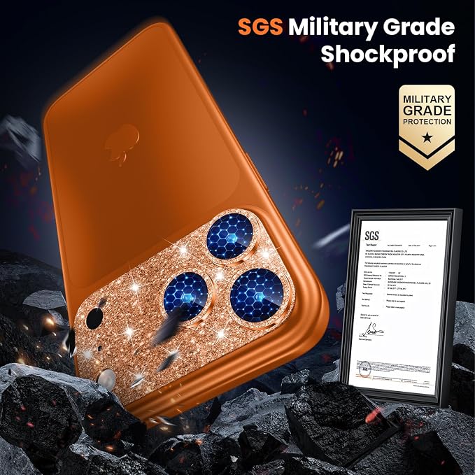 WSKEN for iPhone 17 Pro Max Camera Lens Protector, [Military Grade Shatterproof] [Strong Adhesion] Metal Aluminum Alloy Tempered Glass Camera Screen Protector, Glitter Orange