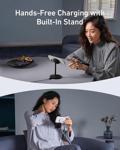 Anker MagGo iPhone 17 MagSafe Charger Compatible Stand, 15W Fast Magnetic Wireless Charging Station, Qi2 Certified 360° Wireless Charger, Magnetic Stand for iPhone 17/16/15/14/13 Series (No Adapter)