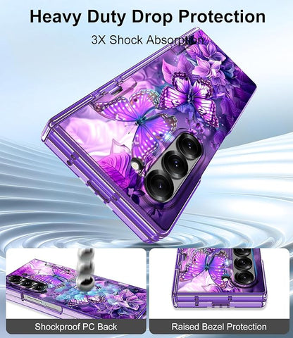 Btscase for Samsung Galaxy Z Fold 6 Case,Built in Front Screen Protector,Gold Glitter Marble Pattern Hard PC Slim Shockproof Full Body Drop Protective Case for Galaxy Z Fold 6 5G, Purple Butterfly