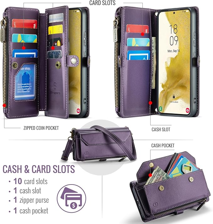 Strapurs Crossbody Wallet Case Compatible with Samsung Galaxy S22 Plus RFID Blocking Card Holder Soft PU Leather Magnetic Snap Strap Zipper Pocket Phone Case Fit for Galaxy S22+/ S22 Plus - Purple