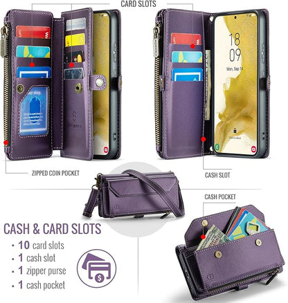 Strapurs Crossbody Wallet Case Compatible with Samsung Galaxy S22 Plus RFID Blocking Card Holder Soft PU Leather Magnetic Snap Strap Zipper Pocket Phone Case Fit for Galaxy S22+/ S22 Plus - Purple