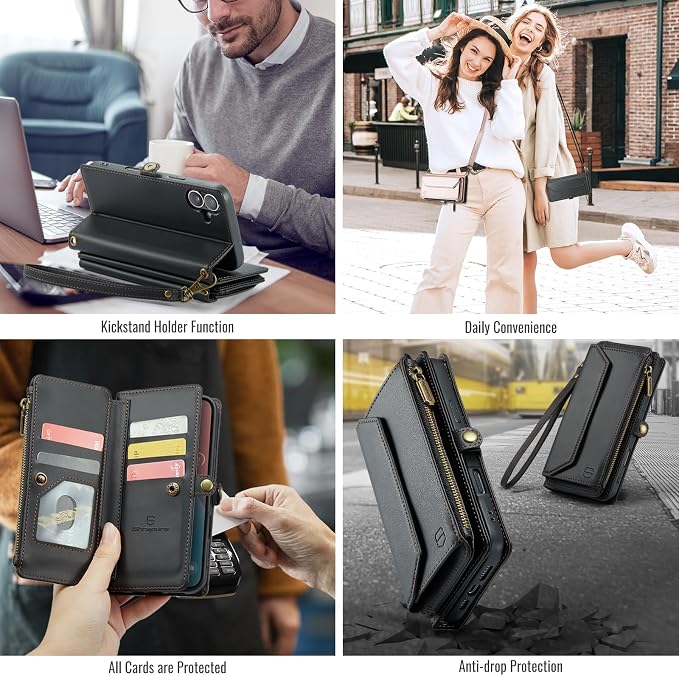 Strapurs Wallet Case Compatible with iPhone 16 6.1" RFID Blocking 7-Card Holder Soft PU Leather Magnetic Snap Shoulder Strap Zipper Pocket Phone Case Fit for iPhone 16 for Women - Black