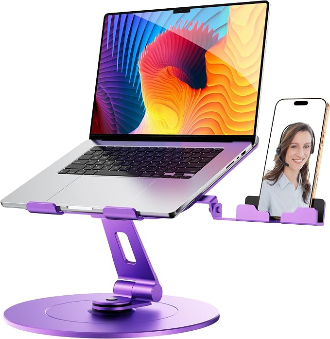 Laptop Stand with Phone Holder, Adjustable Laptop Stand with Base, Aluminum Computer Mount Holder, Ergonomics Lectern Stand, Fits MacBook, up to 17.3" All Notebooks Purple