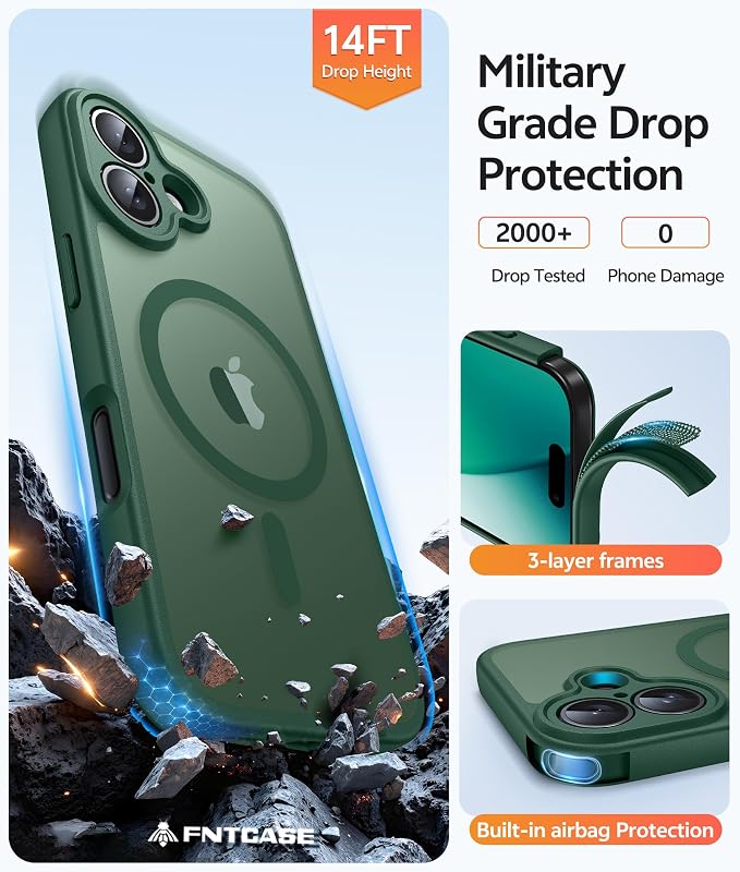 FNTCASE for iPhone 17 Case: [Compatible with Magsafe] Translucent Matte Cases with [Full Camera Protection] [Screen Protector] Military Grade Shockproof Protective Phone Cover - Green