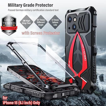 Armor Phone Case for iPhone 15 Military Grade Drop Tested 360 Full Protection Cover Heavy Duty Hybrid Metal Bumper Built-in Silicone Shockproof Dustproof with Screen Protector - Black