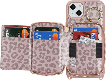 Crossbody Wallet Case for iPhone 14 Plus, PU Leather Zipper Handbag Purse Flip Cover, Kickstand Folio Case with Card Slots Holder Wrist Strap Lanyard 5G 6.7 Inch-Pink Leopard