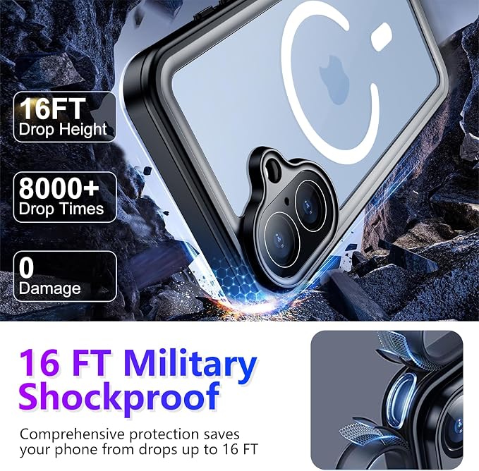 Temdan Magnetic Compatible with iPhone 17 Case,Waterproof Built-in Screen & Camera Protector IP68 Underwater Full Body 17FT Military Dropproof Shockproof Phone Case 6.3"-Mag/Blue