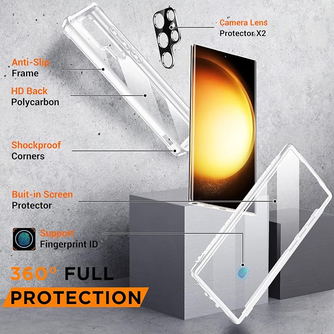 Temdan for Samsung Galaxy S23 Ultra Case, [Built-in Screen Protector]+[2Pcs Lens Protector][Touch Sensitive][Anti-Scratch][Military Grade Shockproof] Full Body Protection Case for S23 Ultra 5G,White