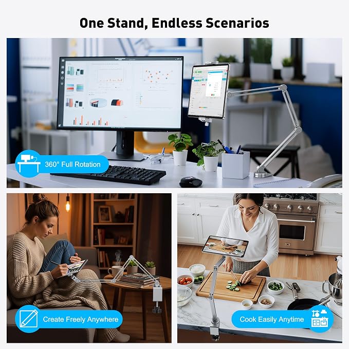 AboveTEK 2-in-1 iPad Stand for Desk, Aluminum iPad Holder Arm with Clamp & Magnetic Ring Head, 360° Adjustable Tablet Stand Holder, Bed Clamp Mount for 4.7"-13" iPads Air/Pro/Mini, Galaxy Tab & Phones