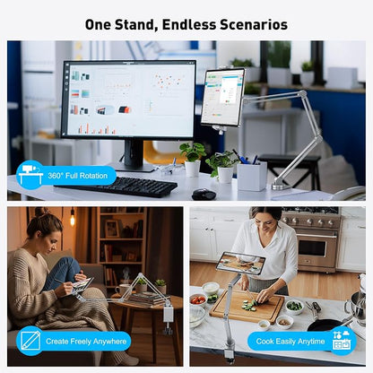 AboveTEK 2-in-1 iPad Stand for Desk, Aluminum iPad Holder Arm with Clamp & Magnetic Ring Head, 360° Adjustable Tablet Stand Holder, Bed Clamp Mount for 4.7"-13" iPads Air/Pro/Mini, Galaxy Tab & Phones