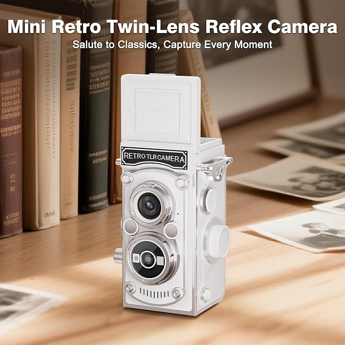 Mini Retro TLR Digital Camera, Portable 24MP 1080P FHD Vintage Point and Shoot Pocket Travel Camera with Twin Lens, Autofocus, 16X Digital Zoom, 16GB Card, for Beginners, Teens & Adults - White