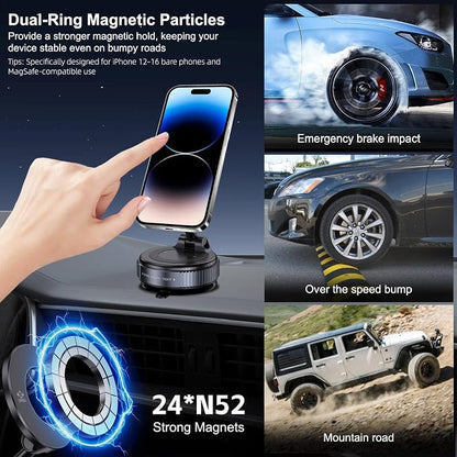 Jikasho Vacuum Magnetic Car Phone Holder for Magsafe, Hands-Free 360° Adjustable Suction Cup Phone Mount for Car/Gym/Mirror/Smooth Surface, Compatible with iPhone & Android (Black)
