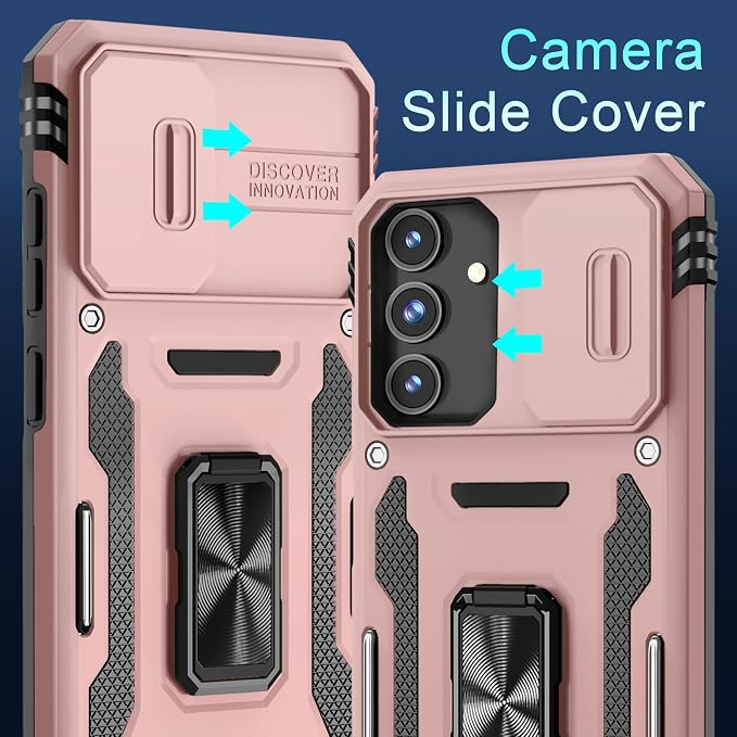 DEERLAMN Case for Samsung Galaxy S24 FE 6.7-Inch with Slide Camera Cover+Screen Protector(1 Pack), Rotated Ring Kickstand Military Grade Shockproof Protective Cover-Rose Gold