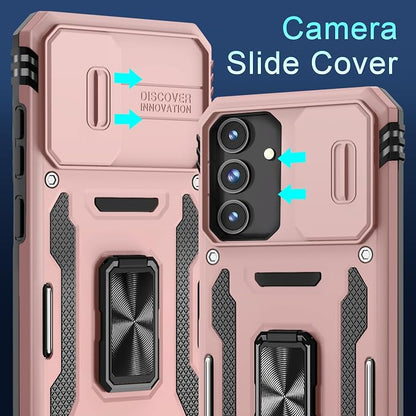 DEERLAMN Case for Samsung Galaxy S24 FE 6.7-Inch with Slide Camera Cover+Screen Protector(1 Pack), Rotated Ring Kickstand Military Grade Shockproof Protective Cover-Rose Gold