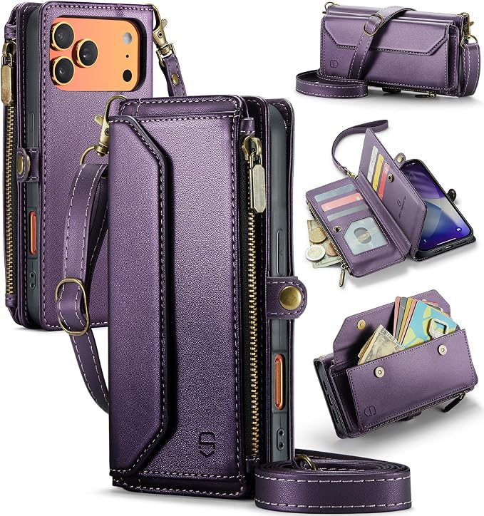 Strapurs Wallet Case Compatible with iPhone 17 Pro 6.3" RFID Blocking 9-Card Holder Soft PU Leather Magnetic Snap Shoulder Strap Zipper Pocket Phone Case Fit for iPhone 17 Pro for Women - Purple