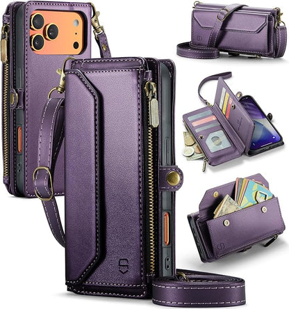 Strapurs Wallet Case Compatible with iPhone 17 Pro 6.3" RFID Blocking 9-Card Holder Soft PU Leather Magnetic Snap Shoulder Strap Zipper Pocket Phone Case Fit for iPhone 17 Pro for Women - Purple