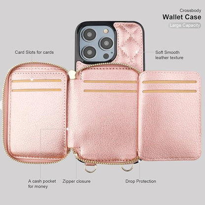 Bocasal Crossbody Wallet Case for iPhone 14 Pro Max, RFID Blocking PU Leather Zipper Handbag Purse Flip Cover, Kickstand Folio Case with Card Slots Holder Wrist Strap Lanyard 5G 6.7 Inch (Rose Gold)