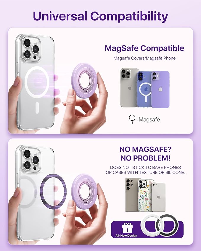 andobil [2026 3rd Gen] Magnetic Phone Grip for MagSafe [360° Rotatable & Ultra-Stable] Two-Sided Magnet Cell Phone Ring Holder Compatible with MagSafe Accessories, iPhone 17 Air 16 15 Pro Max, Purple