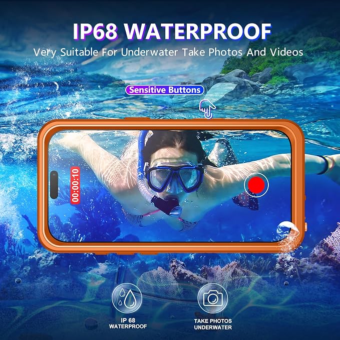 Temdan Compatible with iPhone 17 Pro Max Case,Waterproof Built-in Screen & Camera Protector IP68 Underwater Full Body 17FT Military Dropproof Shockproof Phone Case 6.9"-Orange/Clear