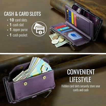 Strapurs Wallet Case Compatible with iPhone 16 Pro Max 6.9" RFID Blocking 10-Card Holder Soft PU Leather Magnetic Snap Shoulder Strap Zipper Pocket Phone Case Fit for iPhone 16 Pro Max - Purple