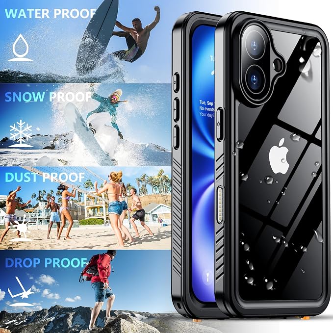 SPIDERCASE for iPhone 16 Case Waterproof, Built-in Lens & Screen Protector, Full Heavy Duty Protection, 12FT Military Shockproof, Dustproof, Anti-Scratched Phone Case,Black