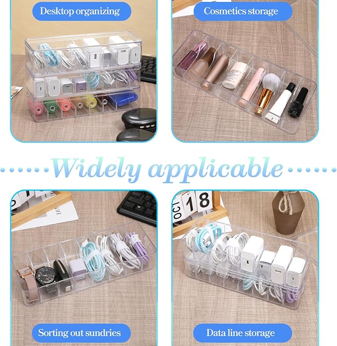3 Pcs Cord Organizer Box with Lid, 10.8 x 3.7 x 2.4 Inch Clear Plastic Cable Organizer Box with 30 Cable Ties Adjustable Charger Storage Boxs for Home, Office, Drawer, Desktop Organization