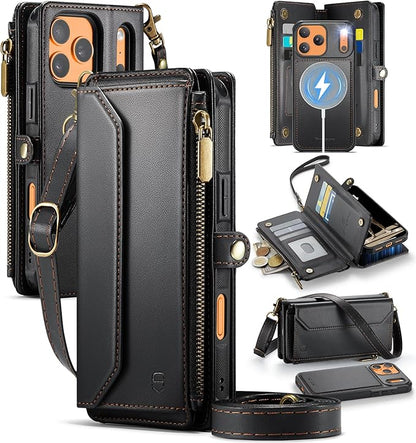 Strapurs for iPhone 17 Pro Detachable Wallet Case Compatible with Magsafe for Women, RFID Blocking 9-Card Holder Zipper Wrist Strap Lanyard PU Leather Magnetic Phone Case for iPhone 17 Pro 6.3", Black