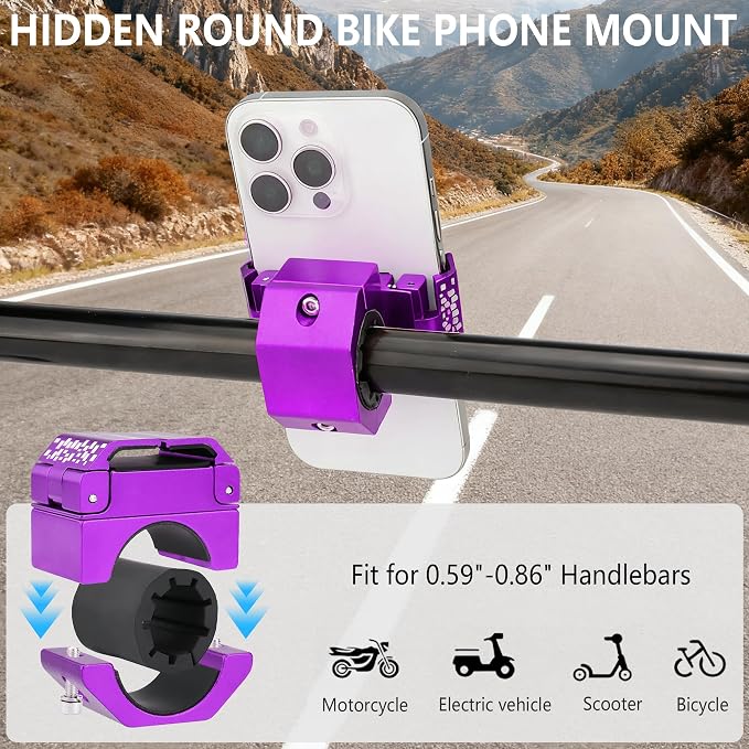 Bike Phone Holder, Motorcycle Phone Mount, Aluminum Alloy Bicycle Handlebar Cell Phone Stand, 360°Rotate Ebike Scooter Phone Clamp Clip, Suitable for 4.5-7.0" Smartphones (Purple)