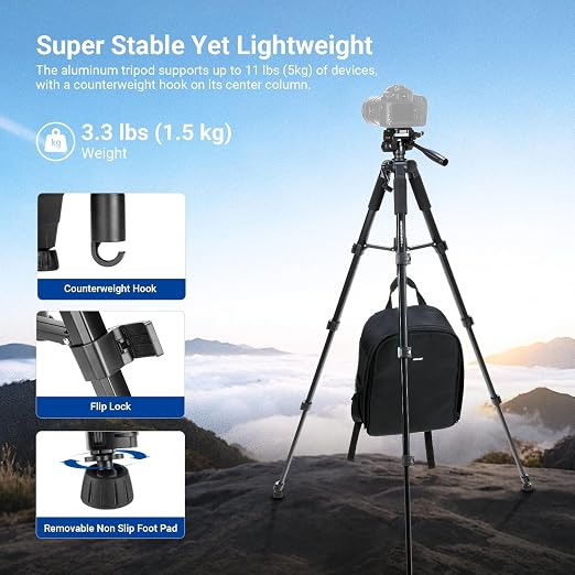 NEEWER Basics Camera Tripod, 74" Tripod with Cell Phone Holder Mount Compatible with iPhone for Video Recording, Professional Aluminum Lightweight Portable Travel Stand with 3 Way Pan Tilt Head, TP56