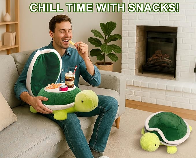 Couch Cup Holder Pillow Tray & Caddy,Headrest and Giant Turtle Stuffed Animal-For Sofa, Bed, Car，Camping, Double Smooth zippers for the shell, soft plush.Spill-Proof Machine Washable tray (23inches）