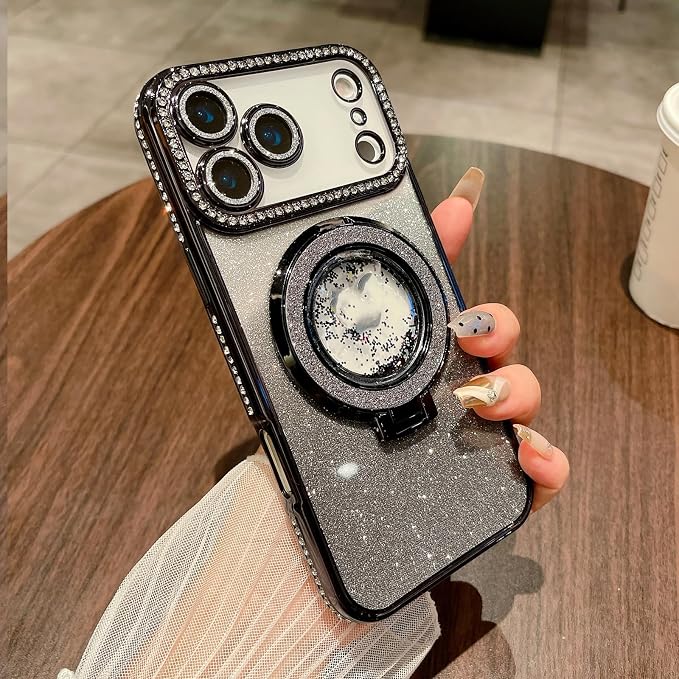 Glitter Kickstand Case for iPhone 17 Pro Max,Cute Bling Sparkly Diamond Rhinestone with Camera Lens Protector Liquid Flowing Ring Stand TPU Bumper Women Girls Case for iPhone 17 Pro Max,Black