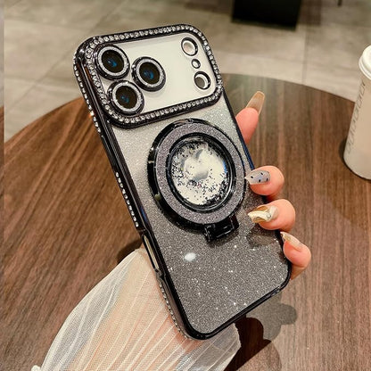 Glitter Kickstand Case for iPhone 17 Pro Max,Cute Bling Sparkly Diamond Rhinestone with Camera Lens Protector Liquid Flowing Ring Stand TPU Bumper Women Girls Case for iPhone 17 Pro Max,Black