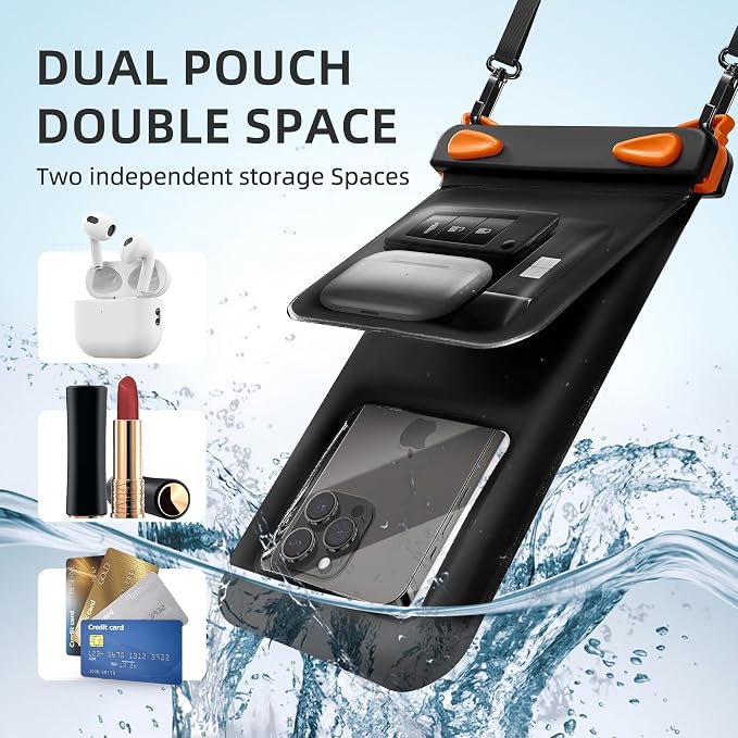 Waterproof Phone Pouch Double Pocket, Floating IPX8 8.5 inch Waterproof Phone Case for Beach Vacation Essentials for Compatible IPhone16 15 14 Pro Max Galaxy S25 S24 Waterproof Dry Bag