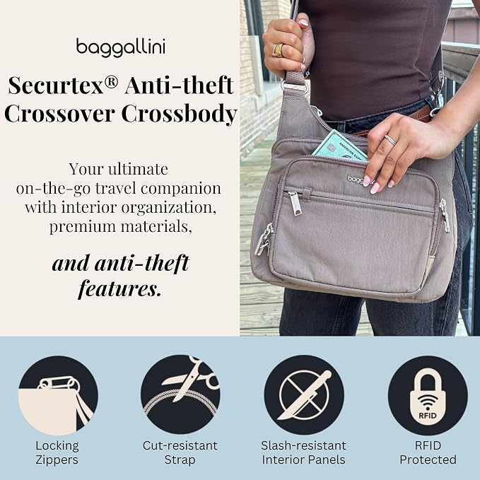 Baggallini Securtex Anti-theft Crossover Crossbody Bag 11”w X 8.5”h, Rfid, Built-in Wallet, Locking Zippers