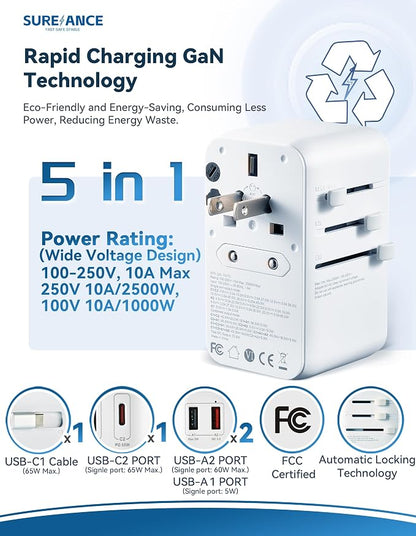 70W Universal Travel Adapter, Plug Adapter with One 65W Fast Charging USB C Cable, 1XUSB-C PD & 2XUSB-A QC, Best Gift Travel Essentials with Type A, C, G, I,J,D Outputs for Europe, Spain