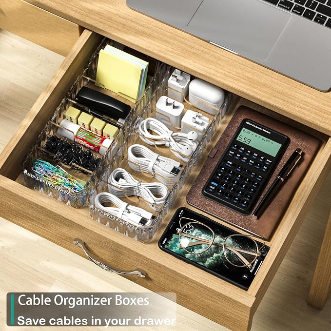 Cable Storage Boxes Organizers 2 Pack,Cord Charger Storage Organizer Box Case with 20pcs Cable Ties,Stackable,Clear