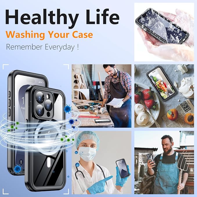 Temdan Magnetic for iPhone 14 Pro Case Waterproof, Built-in Screen Protector[IP68 Underwater][Compatible with MagSafe][Full Body Shockproof][Military Dropproof] Case for iPhone 14 Pro-Black/Clear